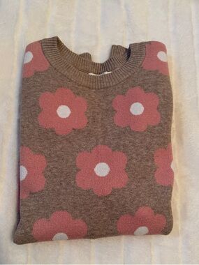 Pink Daisy-Print Crewneck Sweater on Brown